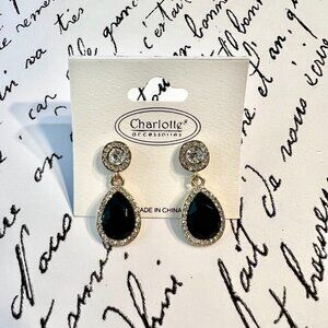 CHARLOTTE ACCESSORIES Earrings Drop Rhinestone & Large Black Stone Dangle NEW
